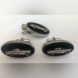 Vintage THUNDERBIRD BLACK & Silver Cufflinks & Tie Bar